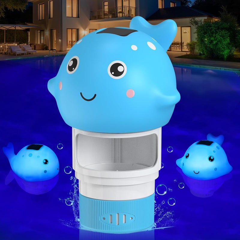 Blufree Pool Chlorine Floater, Solar Chlorine Tablet Floater w/Adjustable Release, Glow in The Dark Large Capacity Whale Floating Chlorines Dispenser for Pool Hot Tub Spa Fits 3 Inch Tabs - Image 1